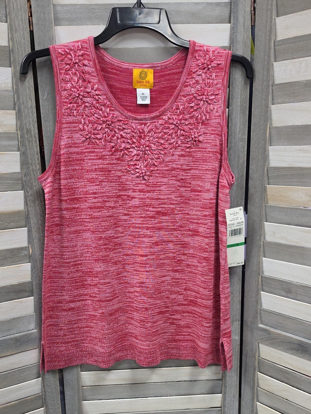 Ruby Rd. Pink Mixed-Knit Sleeveless Tank with Floral Embroidery